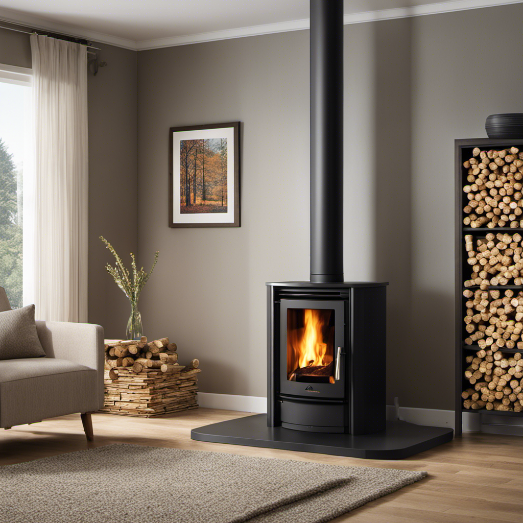 An image showcasing a cozy living room with a modern wood pellet stove at its center