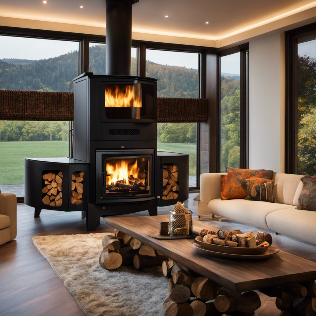 An image showcasing a cozy living room with a crackling fireplace, emitting a warm glow