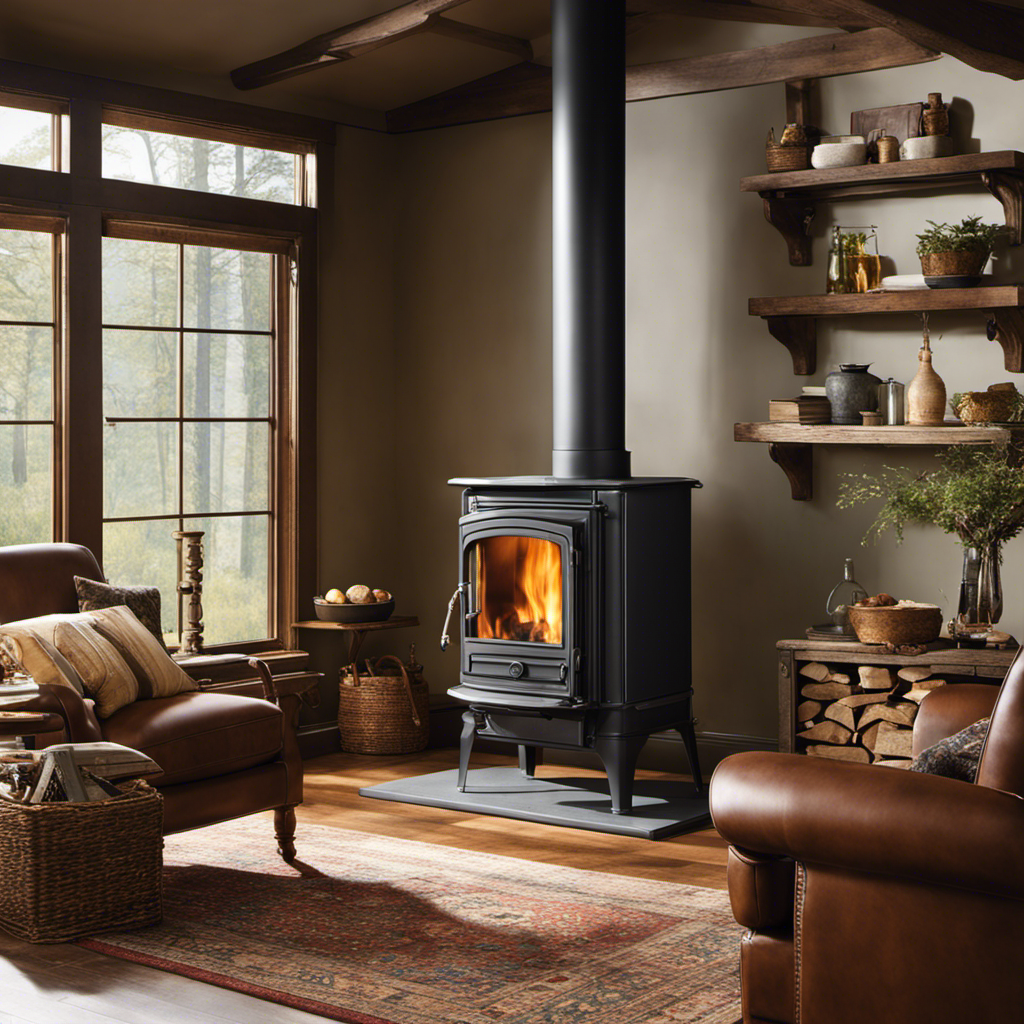 An image showcasing a resplendent wood stove, radiating warmth and coziness in a rustic living room
