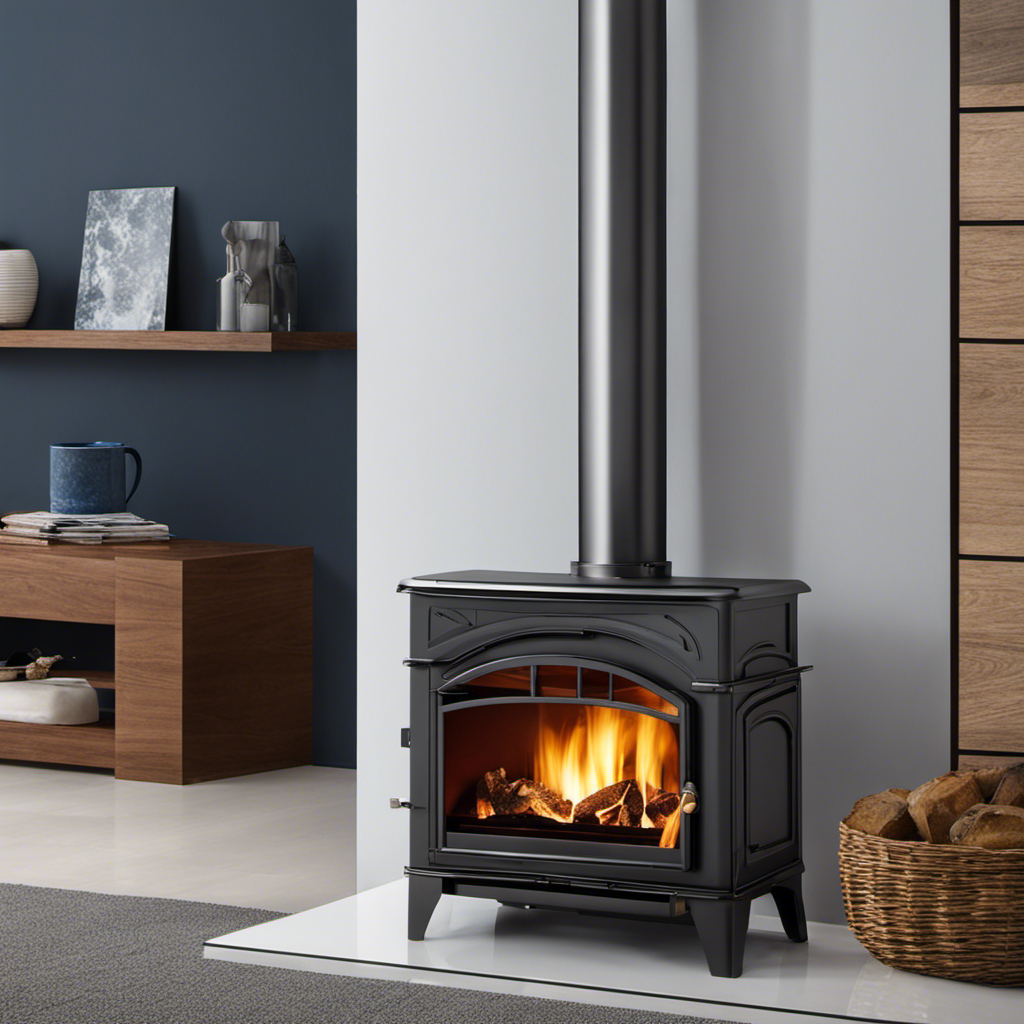 An image that showcases a sleek, modern wood stove emitting a gentle, smokeless flame