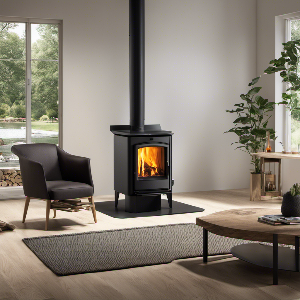 An image showcasing a cozy living room with a traditional wood stove on one side, emitting a warm glow and crackling flames, contrasting against a sleek pellet stove on the other, with its compact design and automated feeding mechanism