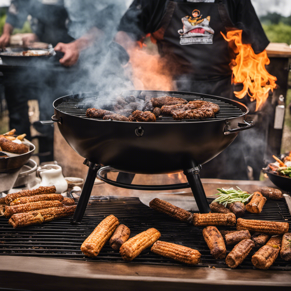 An image showcasing a close-up of a malfunctioning Treager Wood Pellet BBQ, with smoke billowing out of the grill, a frustrated chef standing nearby, and a disappointed crowd watching in the background