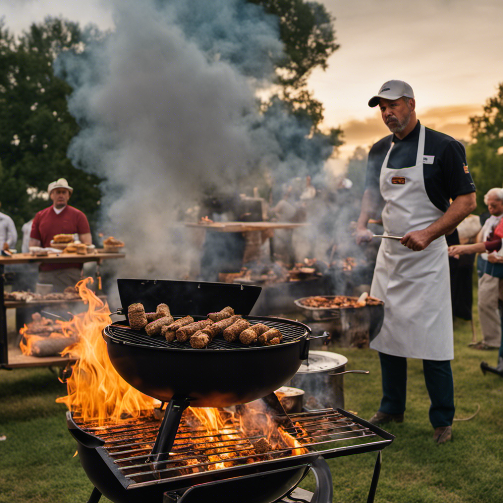 An image showcasing a close-up of a malfunctioning Treager Wood Pellet BBQ, with smoke billowing out of the grill, a frustrated chef standing nearby, and a disappointed crowd watching in the background