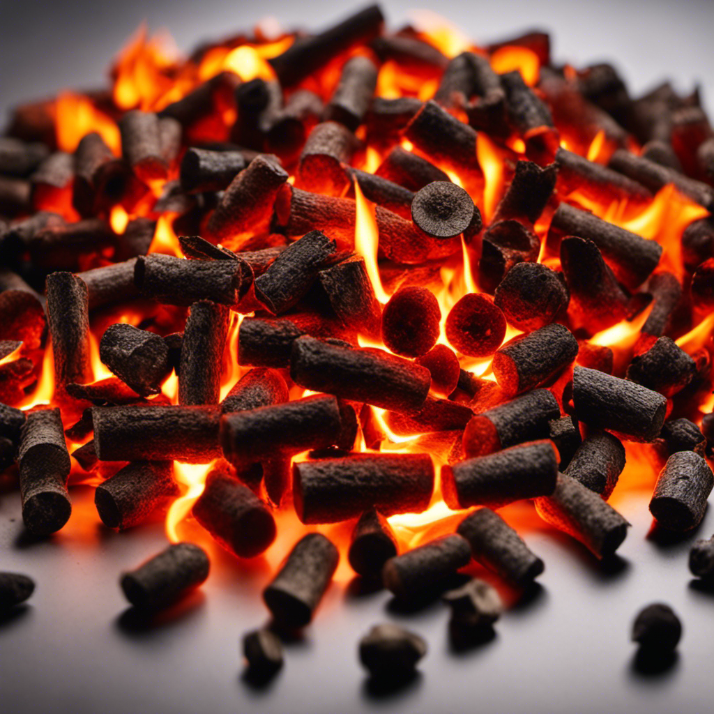 An image showcasing a variety of wood pellets, each emitting vibrant hues of red, orange, and yellow as they burn intensely