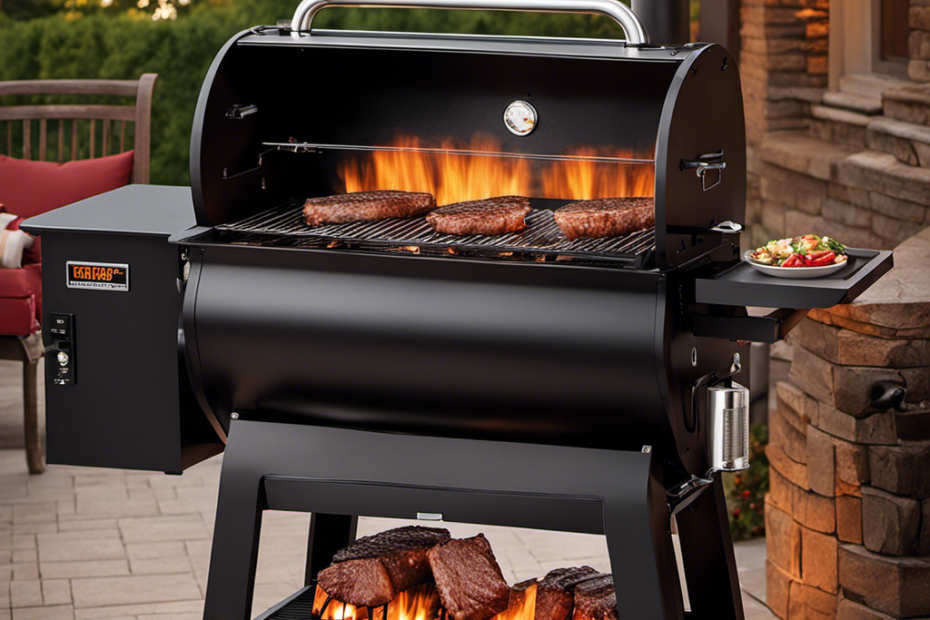 An image showcasing a wood pellet grill, emitting scorching heat as flames dance around searing steaks, while a digital thermometer displays the temperature soaring to its maximum limit