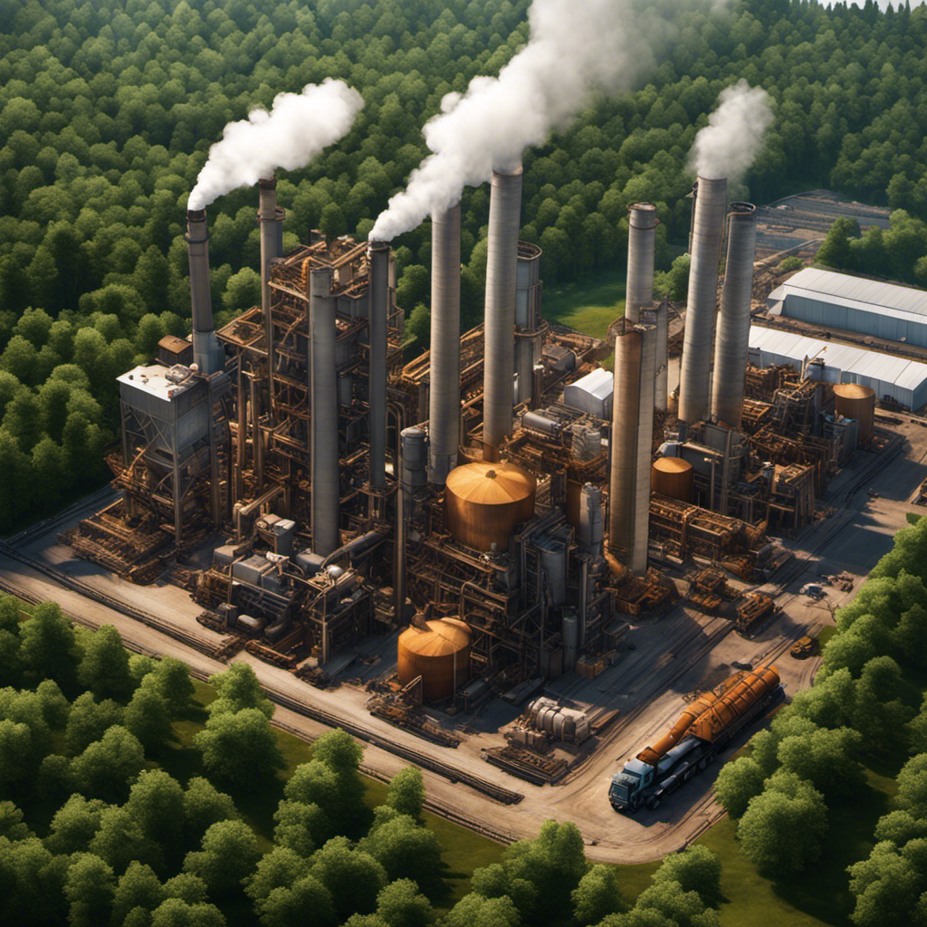 An image featuring a massive industrial facility with towering smokestacks, surrounded by lush forests