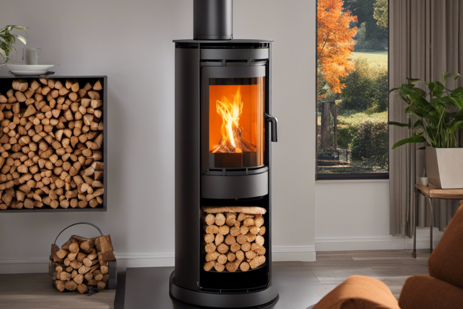 An image showcasing a sleek, modern wood pellet stove, radiating warmth with its vibrant orange flames, surrounded by a stack of wood pellets, perfectly aligned, symbolizing efficiency and sustainability