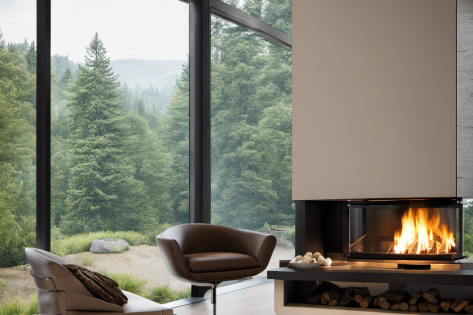 An image showcasing a modern, sleek wood stove insert seamlessly integrated into a fireplace