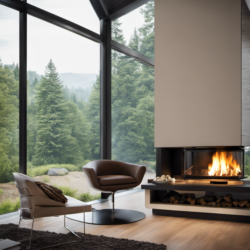 An image showcasing a modern, sleek wood stove insert seamlessly integrated into a fireplace