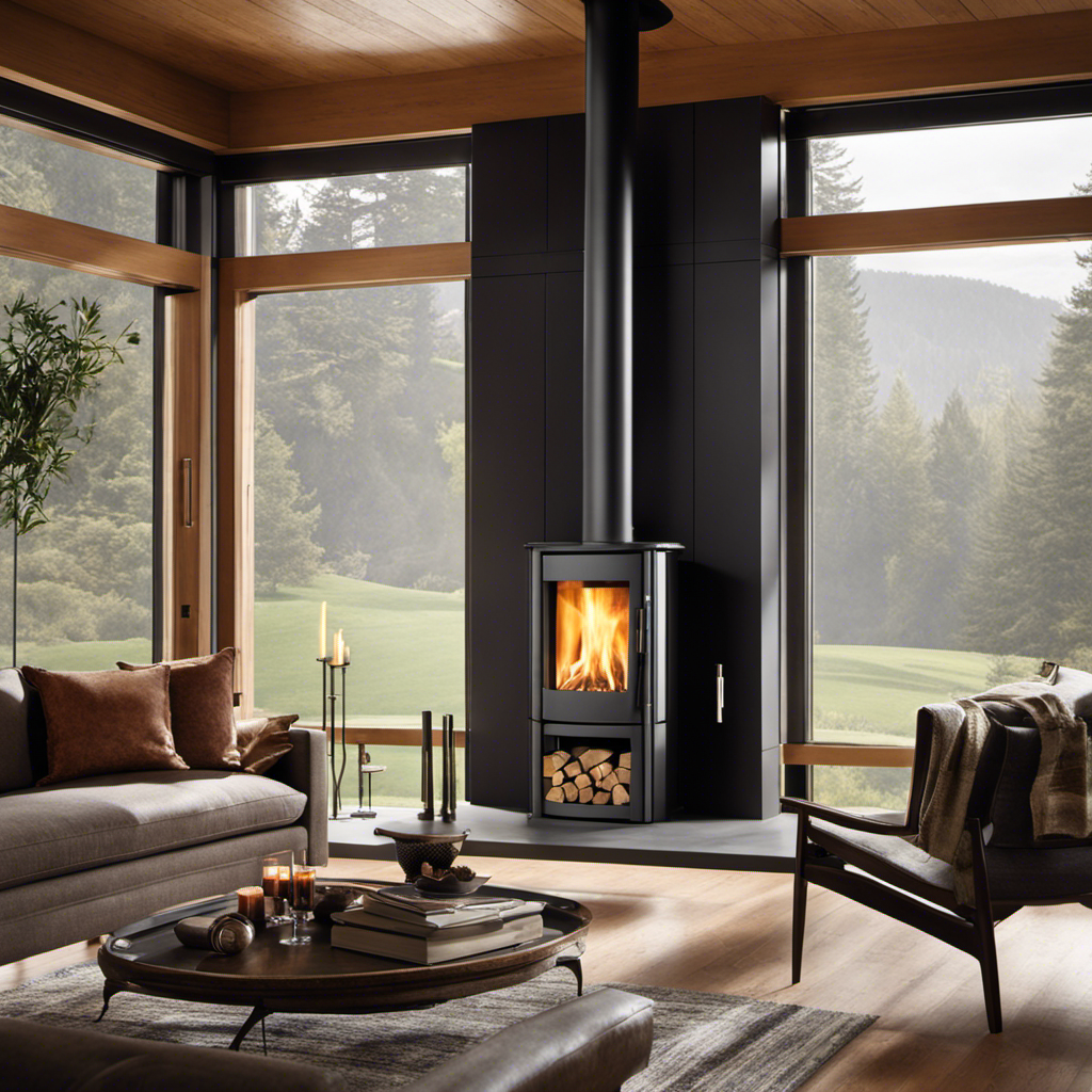 An image showcasing a sleek, modern wood stove in a cozy living room