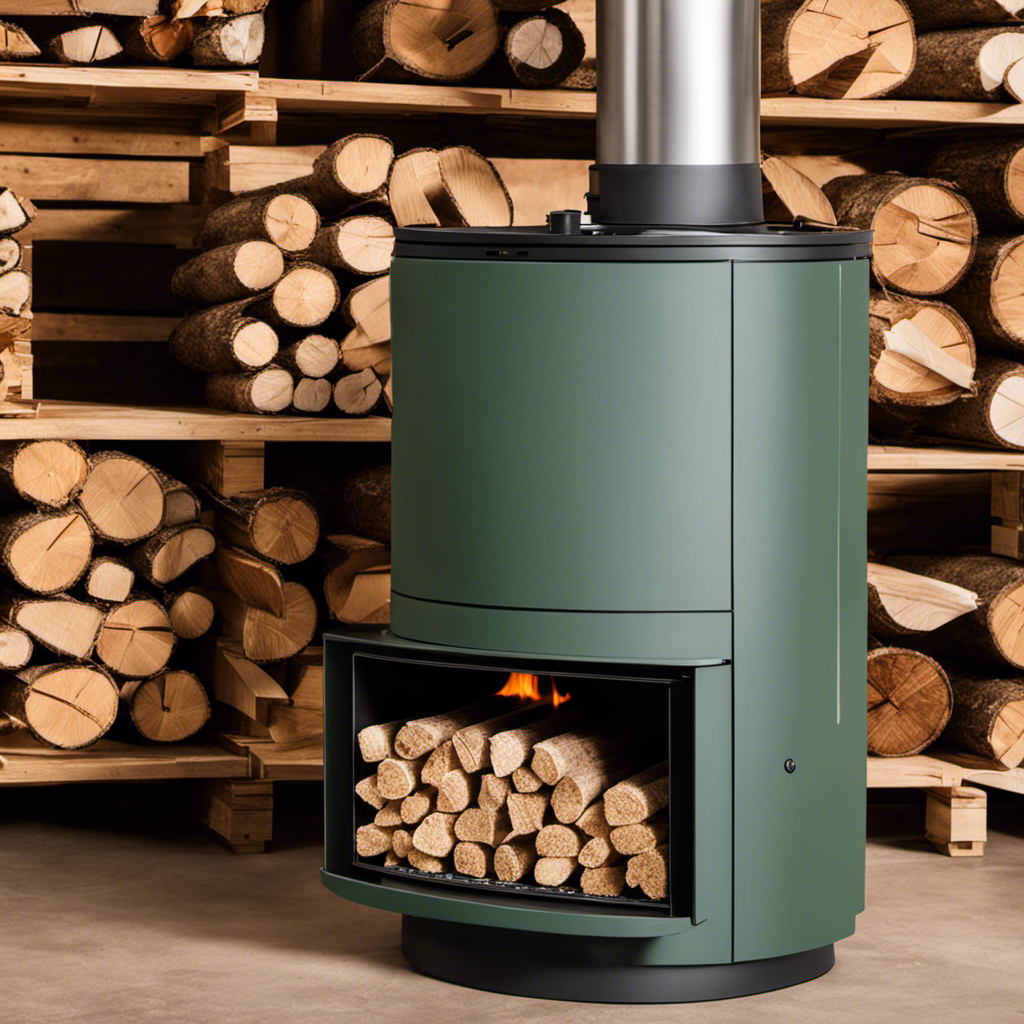 An image showcasing a sturdy wooden pallet filled with neatly stacked, eco-friendly wood pellet stoves