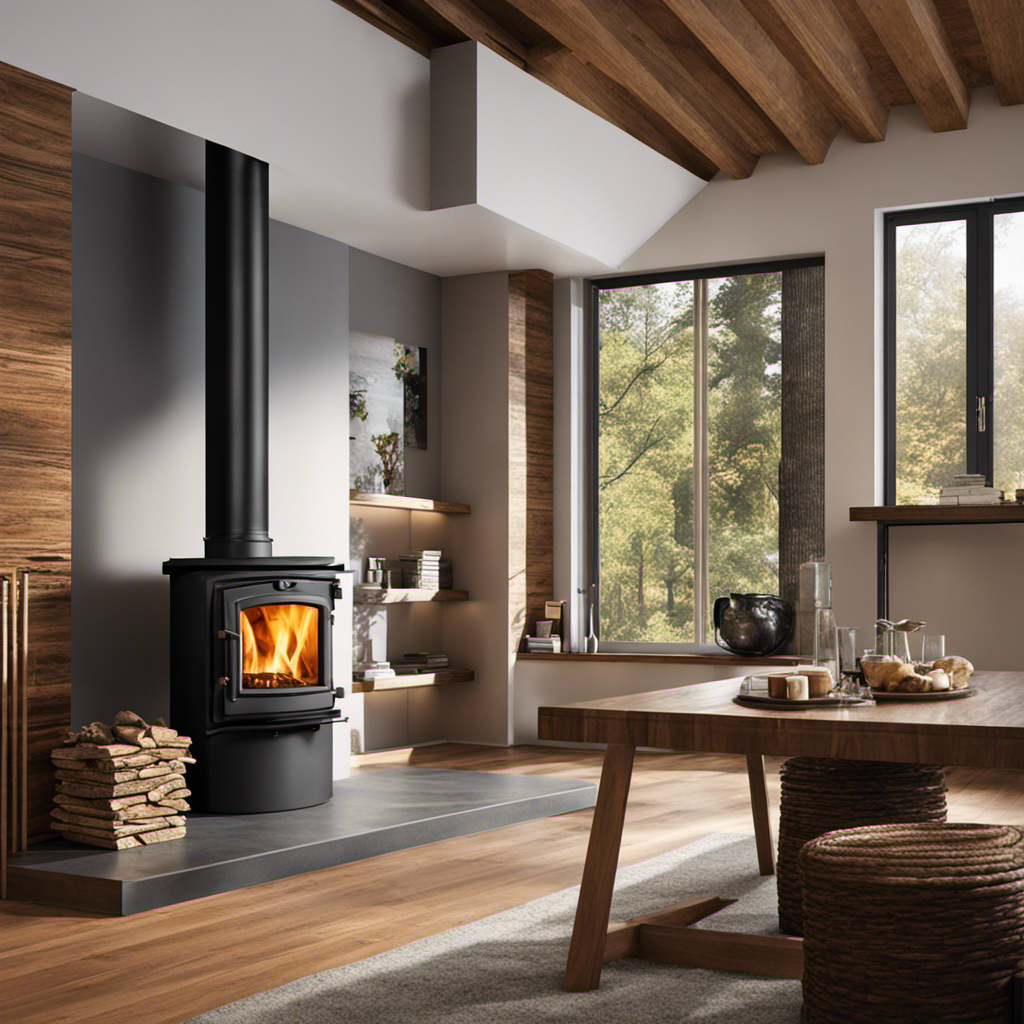 An image showcasing a wood stove with a short chimney, highlighting its dimensions and materials