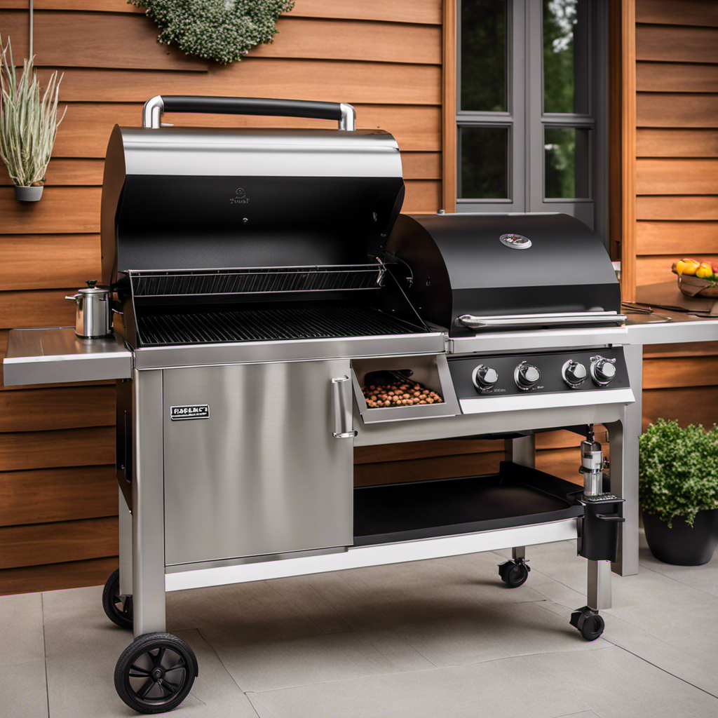 An image featuring a sleek, modern wood pellet grill with stainless steel construction, showcasing its spacious cooking surface, precise temperature control panel, and convenient pellet hopper