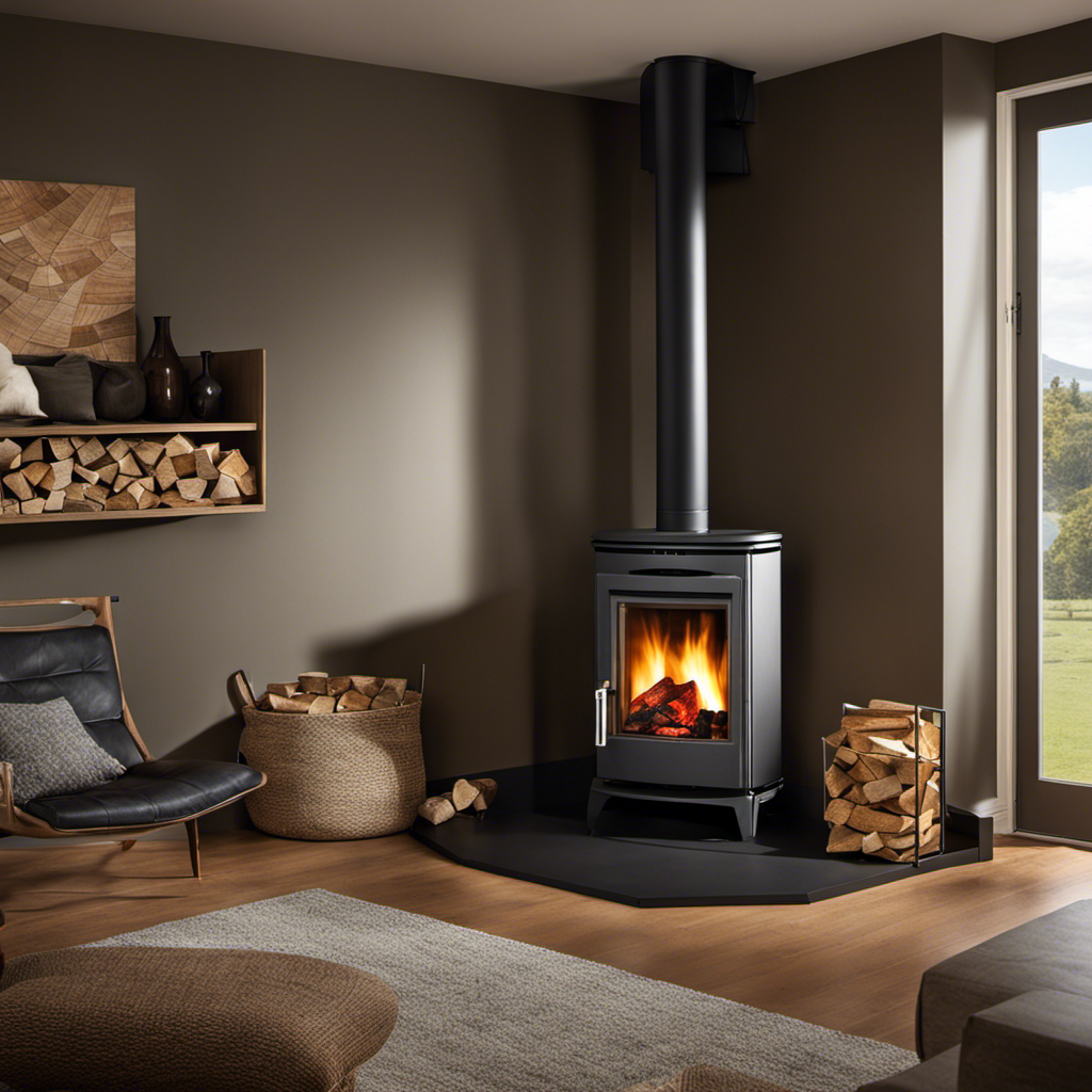 An image showcasing a cozy living room with a modern wood pellet stove as the central focus