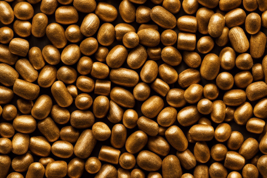 An image showcasing a pile of finely compressed wood pellets, neatly arranged in cylindrical shapes, emitting a warm golden hue