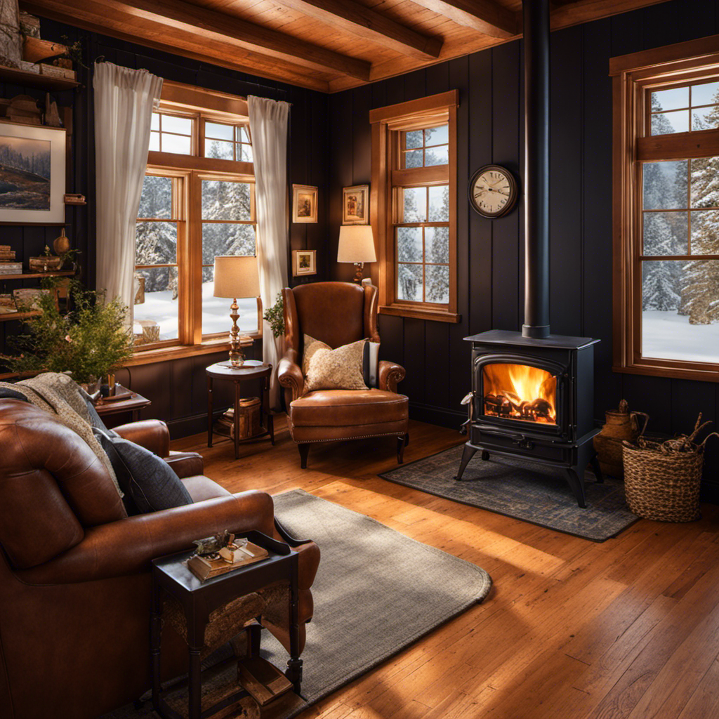 An image featuring a cozy living room with a crackling wood stove nestled in the corner, radiating warmth and casting dancing shadows across the room