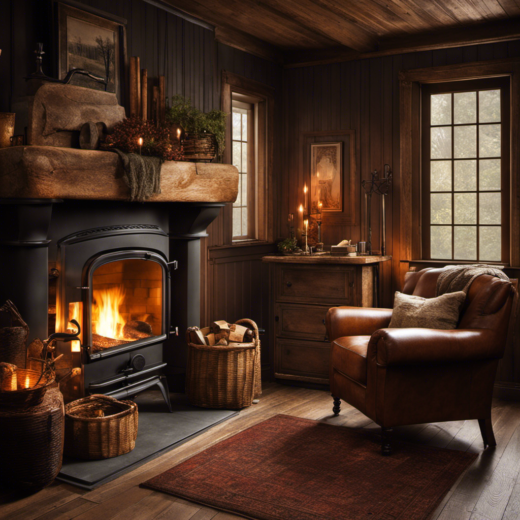 An image capturing the cozy ambiance of a wood stove, with crackling flames dancing in a cast iron hearth, casting a warm golden glow across a rustic living room adorned with vintage log baskets and a worn leather armchair