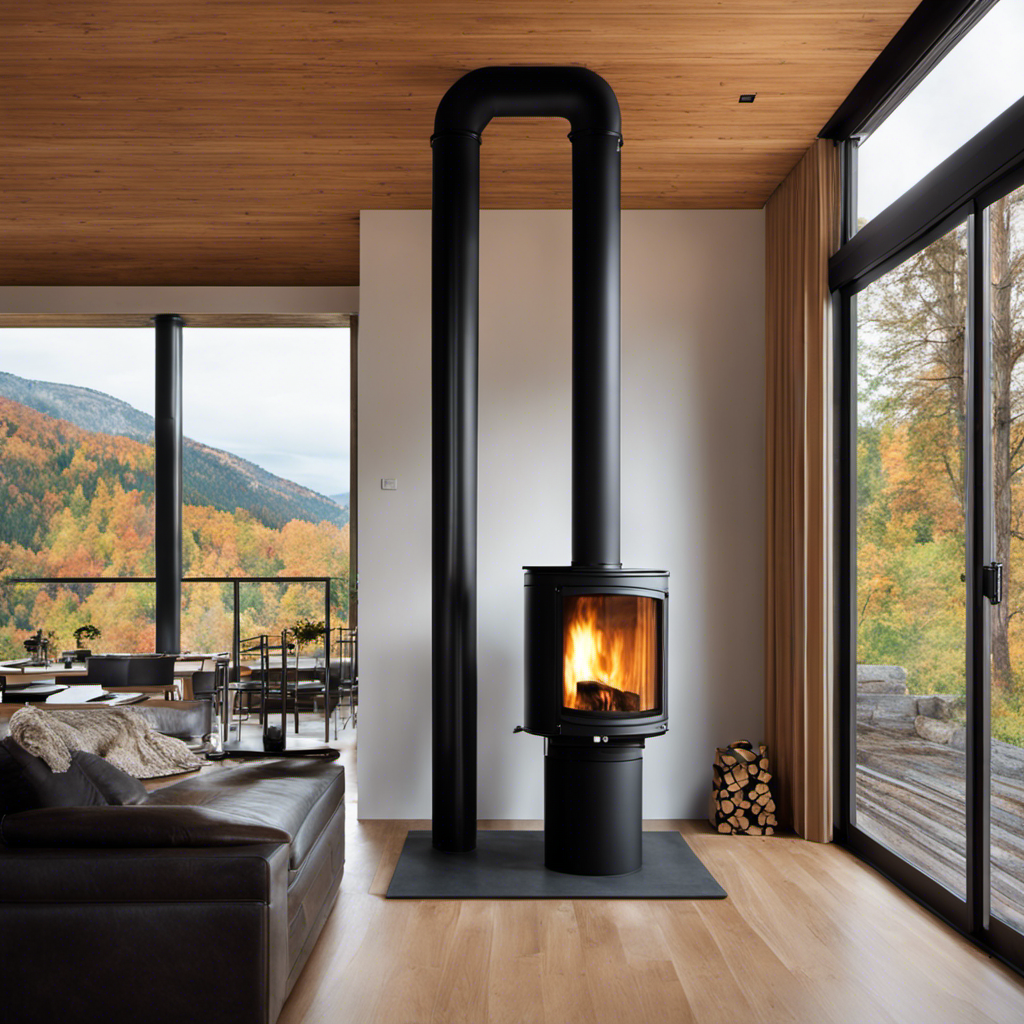 An image showcasing a sturdy, double-walled stainless steel chimney pipe with a sleek black finish, elegantly connecting a wood stove to the ceiling