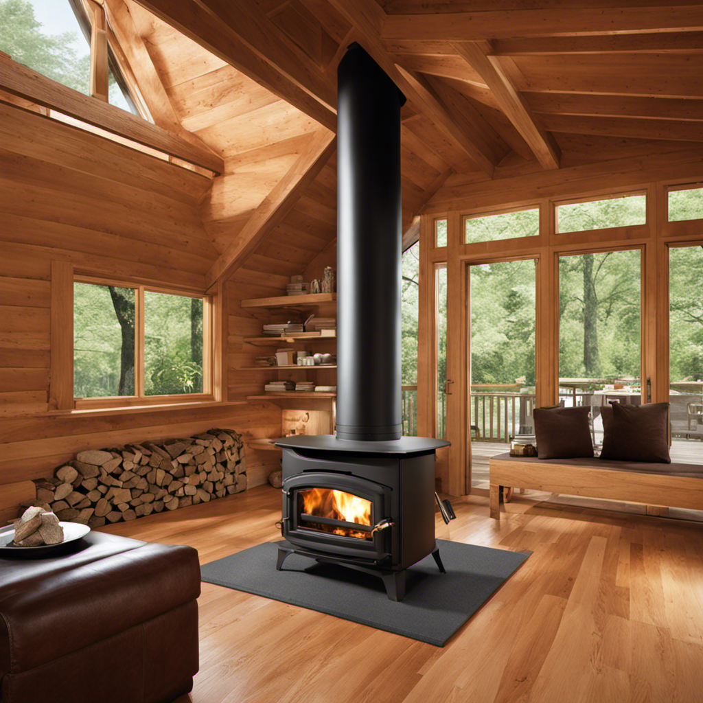 An image showcasing a cross-section of a wood stove installation