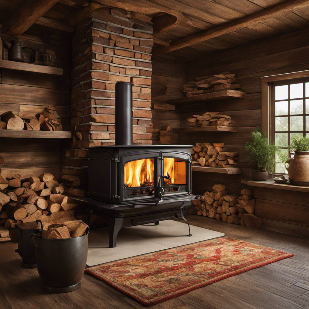An image showcasing a rustic wood stove surrounded by a wall covered in heat-resistant, textured ceramic tiles resembling weathered stone or aged brick