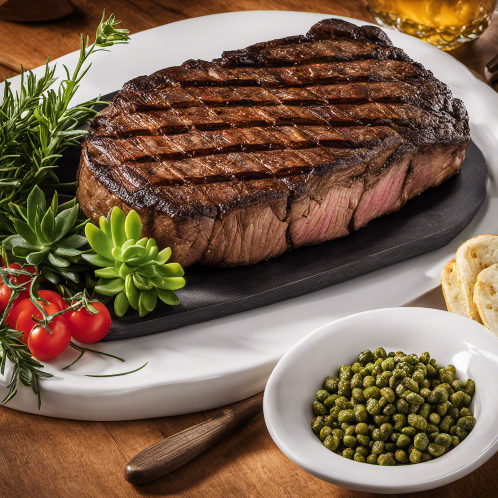 An image showcasing a succulent grilled steak on a Green Mountain Grill, cooked to perfection using oak wood pellets