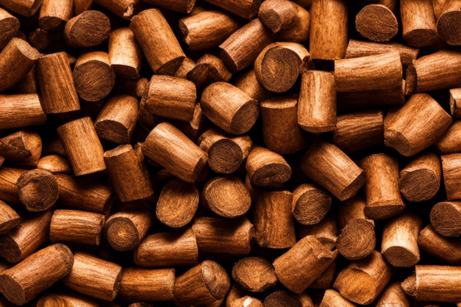 An image showcasing a stack of aromatic hickory wood pellets, their rich brown color and distinct grain patterns visible