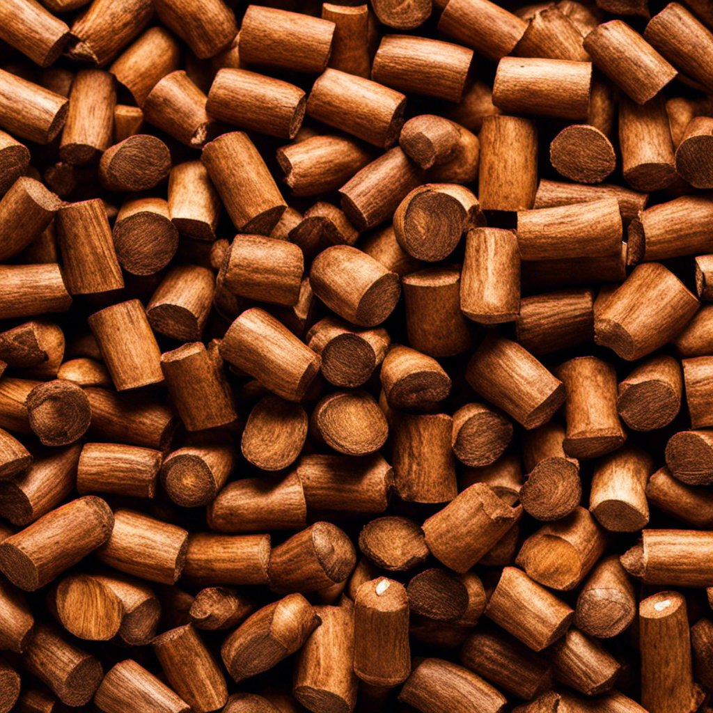 An image showcasing a stack of aromatic hickory wood pellets, their rich brown color and distinct grain patterns visible