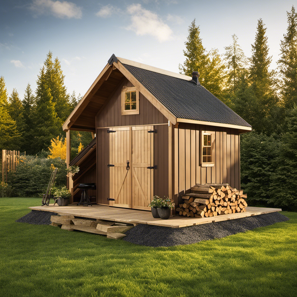 An image showcasing a sturdy, well-ventilated wooden shed with a sloping roof, large double doors, and neatly stacked firewood