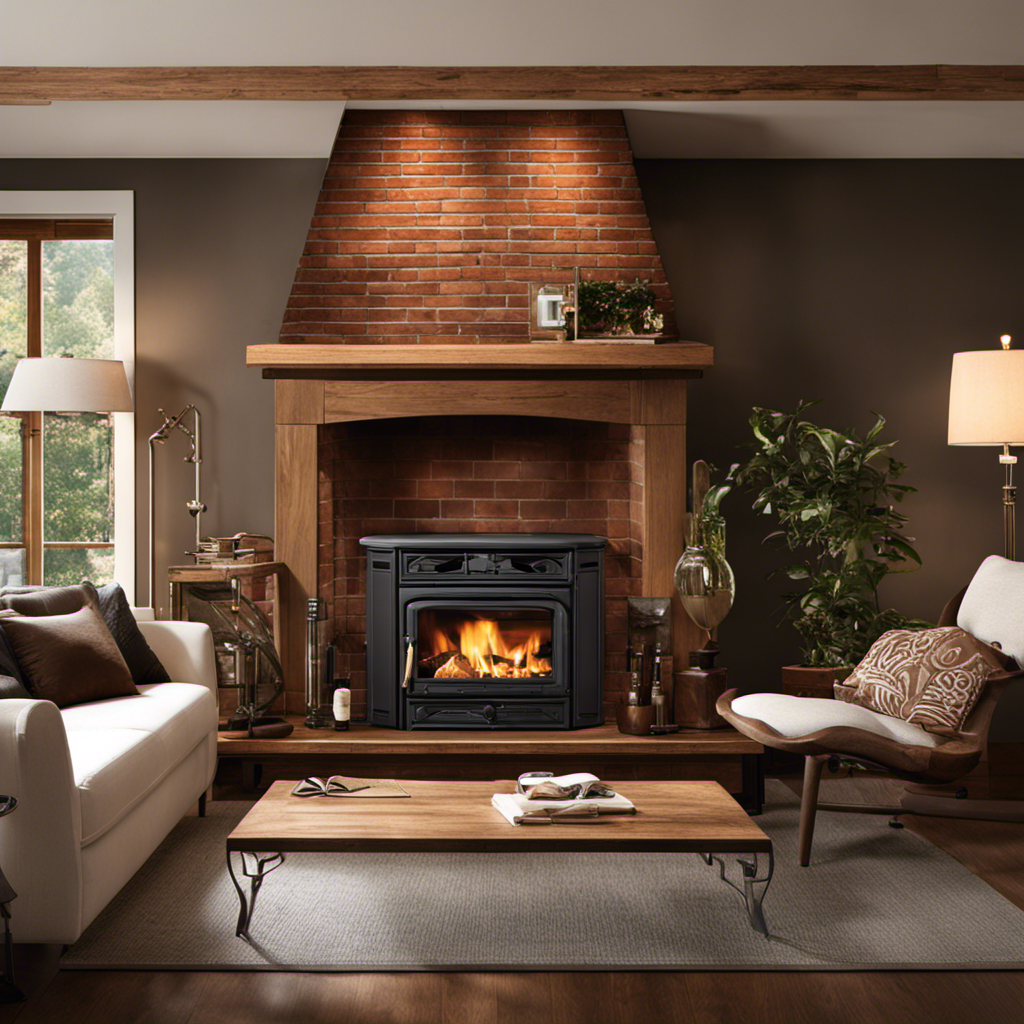 An image showcasing a cozy living room with a traditional brick fireplace insert, surrounded by a rustic wooden mantle