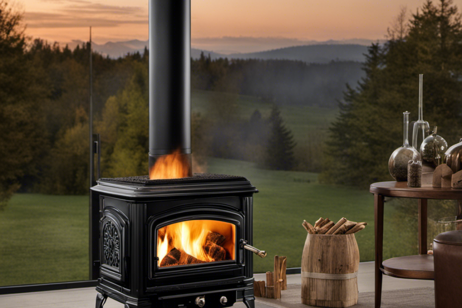 An image showcasing a wood pellet stove filled with blackened soot, emanating from the combustion chamber