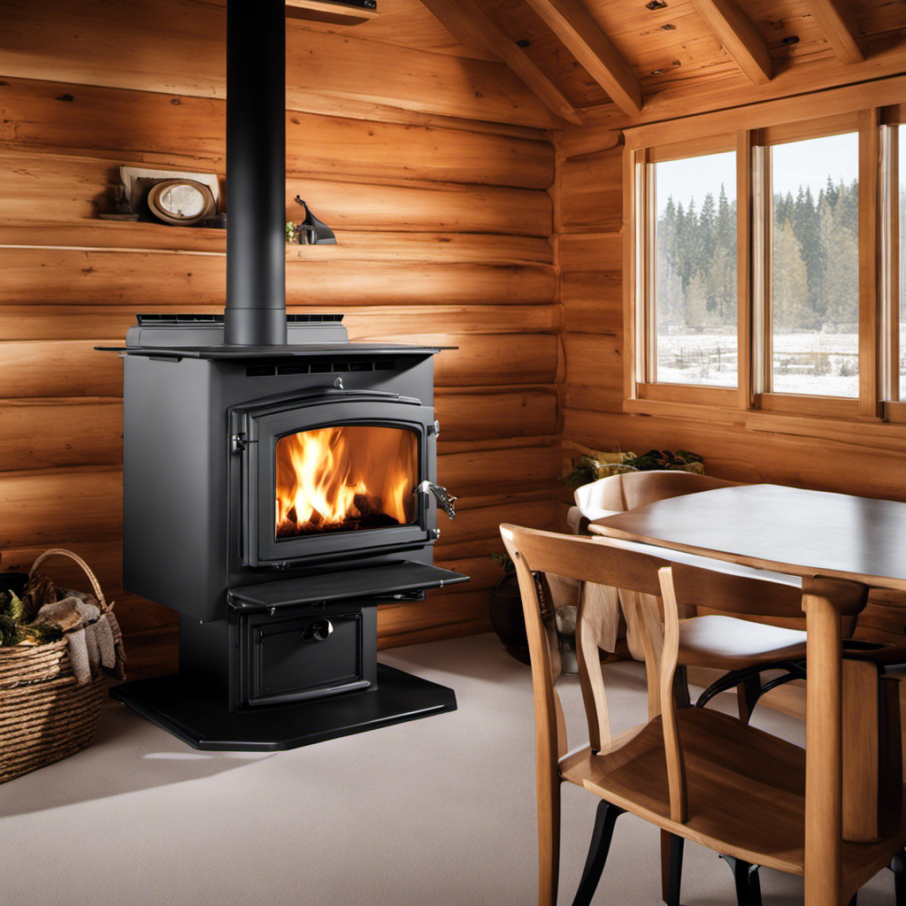An image showcasing a wood stove specifically designed for mobile homes, featuring clearances and venting standards, a sturdy base, and a heat shield, ensuring its compliance with mobile home safety regulations