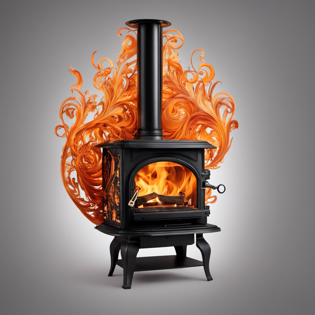 An image capturing the intricate mechanics of a wood stove, where swirling plumes of gray smoke mingle with orange embers, highlighting the delicate dance between oxygen, fuel, and heat that causes the stove to smoke