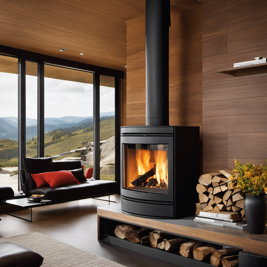 an image that showcases the sleek design of a high-efficiency wood-burning stove, highlighting its advanced combustion system, tightly sealed doors, and secondary air supply, distinguishing it from traditional stoves