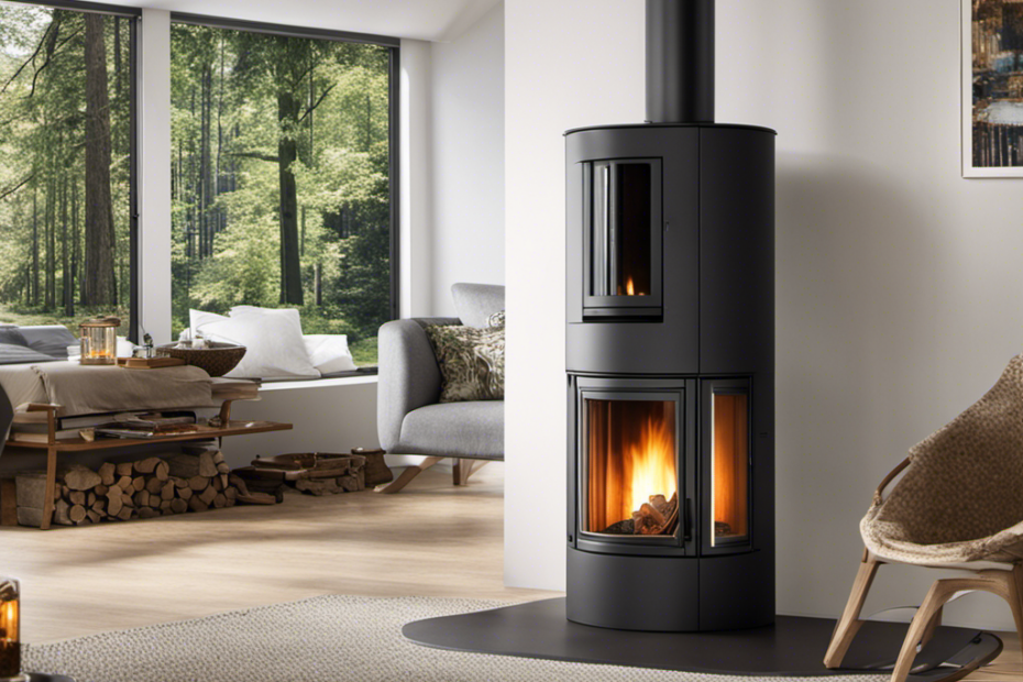 An image showcasing a cozy living room with a wood pellet stove in the center, emitting a warm, inviting glow