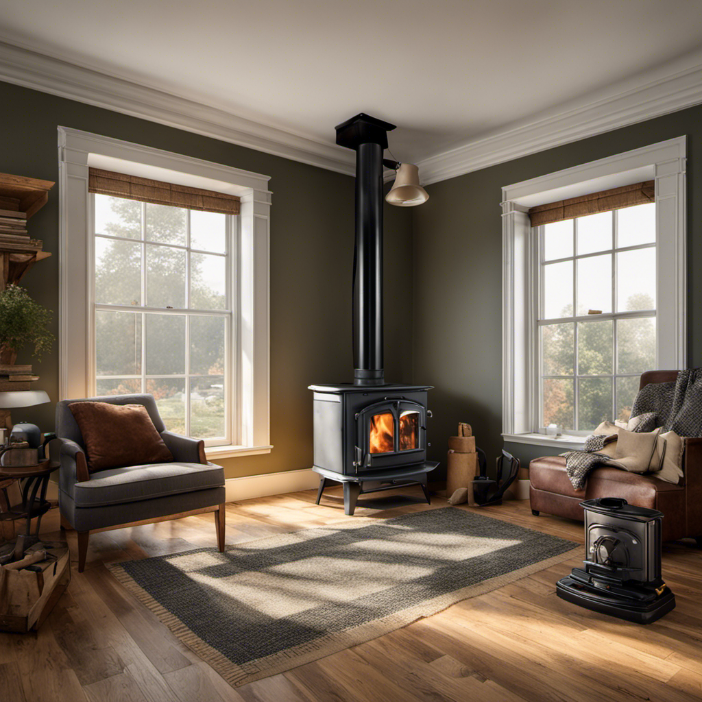 An image showing a spacious living room with a large window, freshly painted walls, and a dismantled wood stove
