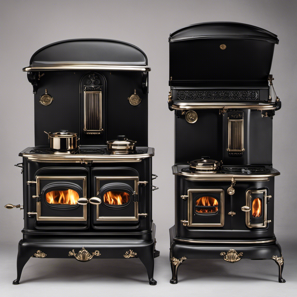 An image showcasing a pair of vintage King Circulator and Ashley wood stoves, elegantly restored and painted with a rich matte black finish