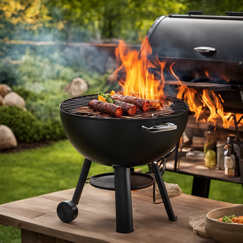 An image showcasing a sizzling grill, billowing smoke, and a vibrant assortment of pellet wood varieties - mesquite, hickory, cherry, and oak - crackling with intense flames, each emitting distinct fiery hues