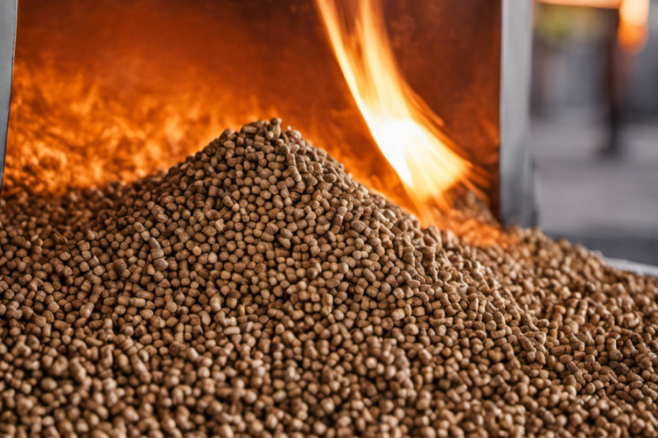 An image showcasing the production process of R Pellet Fuel Wood: a close-up of a large industrial machine churning raw wood into fine particles, which are then compressed into uniform pellets, ready for efficient and eco-friendly combustion