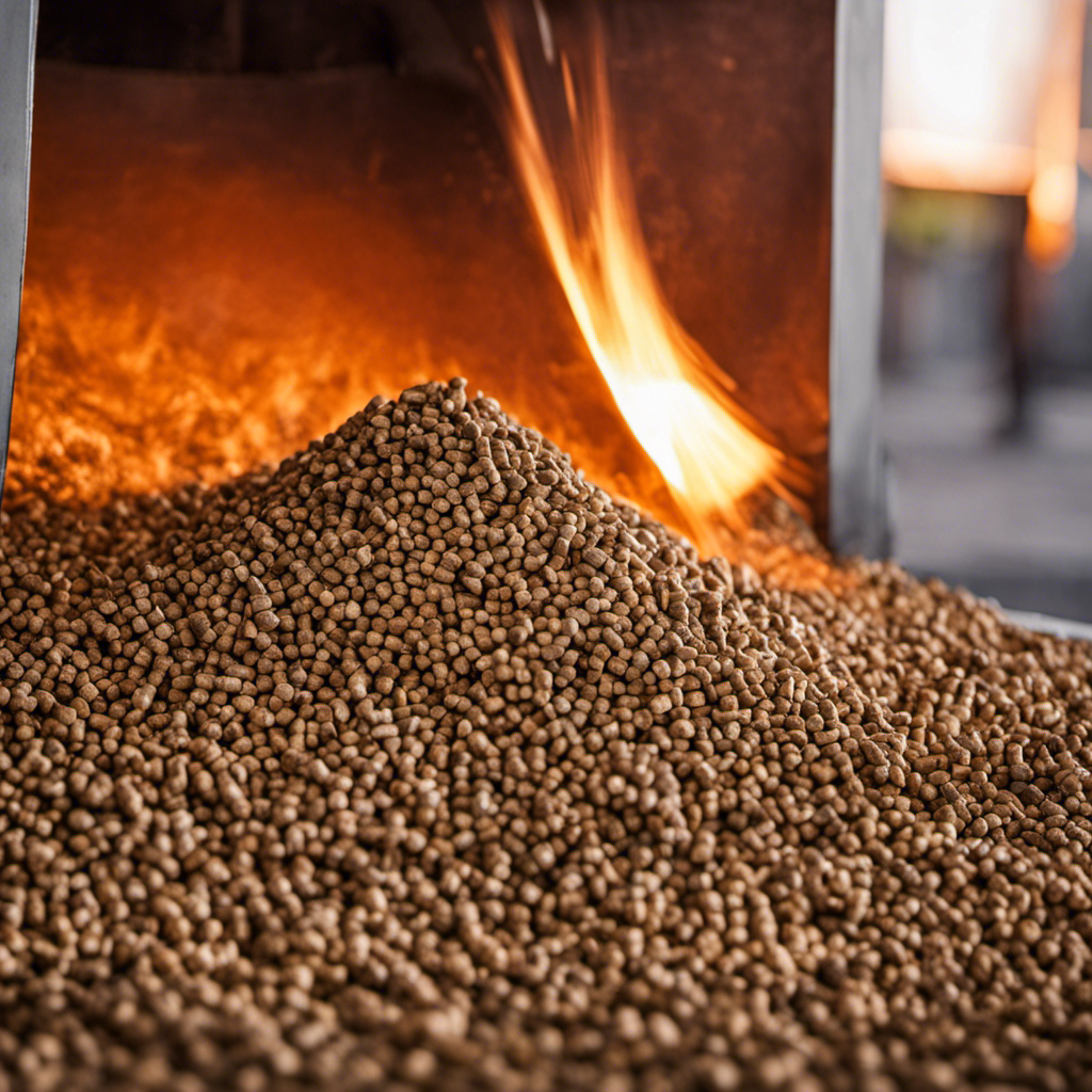 An image showcasing the production process of R Pellet Fuel Wood: a close-up of a large industrial machine churning raw wood into fine particles, which are then compressed into uniform pellets, ready for efficient and eco-friendly combustion