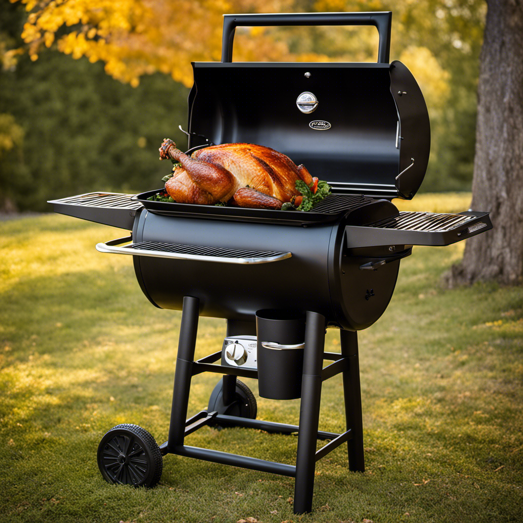 An image showcasing a perfectly roasted golden turkey with crispy skin, nestled on the grates of the Tex Elite 22 Wood Pellet Grill and Smoker