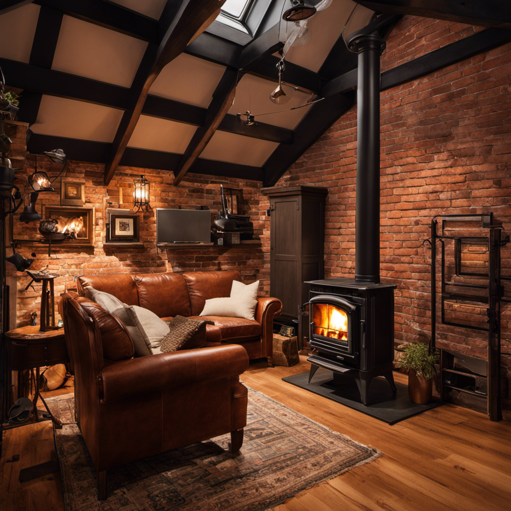 An image showcasing a cozy 384 sq ft room with an 8' ceiling, featuring a perfectly sized wood stove nestled against a brick wall, emitting a warm glow and surrounded by comfortably arranged furniture