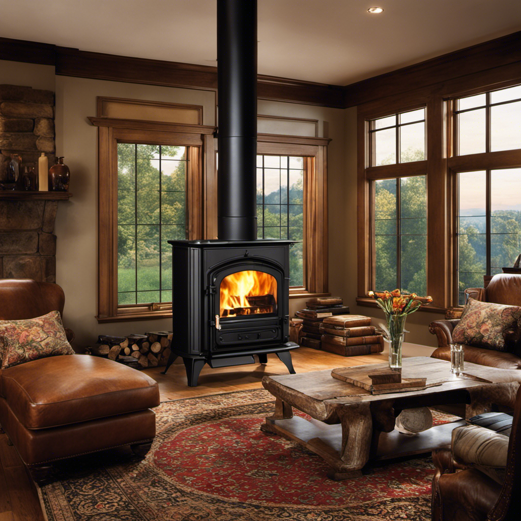 An image showcasing a cozy living room with a large, elegantly designed wood stove at the center