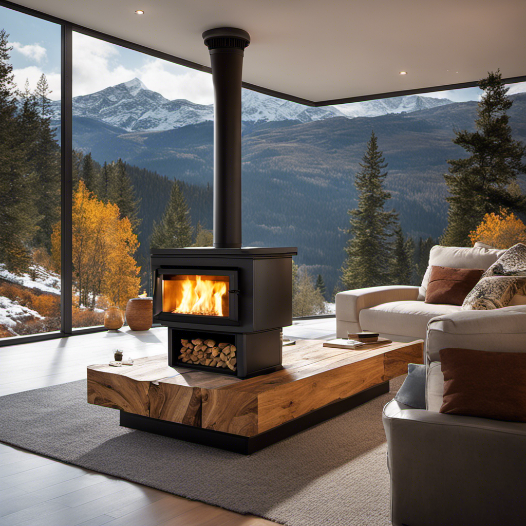 An image featuring a cozy living room with a wood pellet stove as the focal point