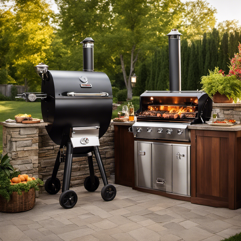 An image showcasing a backyard scene with two grills side by side: a sleek wood pellet smoker with a digital control panel and a traditional charcoal kamado grill