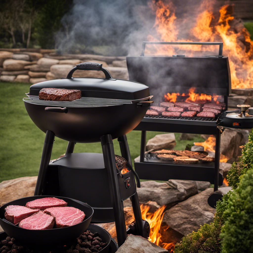An image capturing a sizzling wood pellet grill, with smoke billowing around a perfectly seared steak