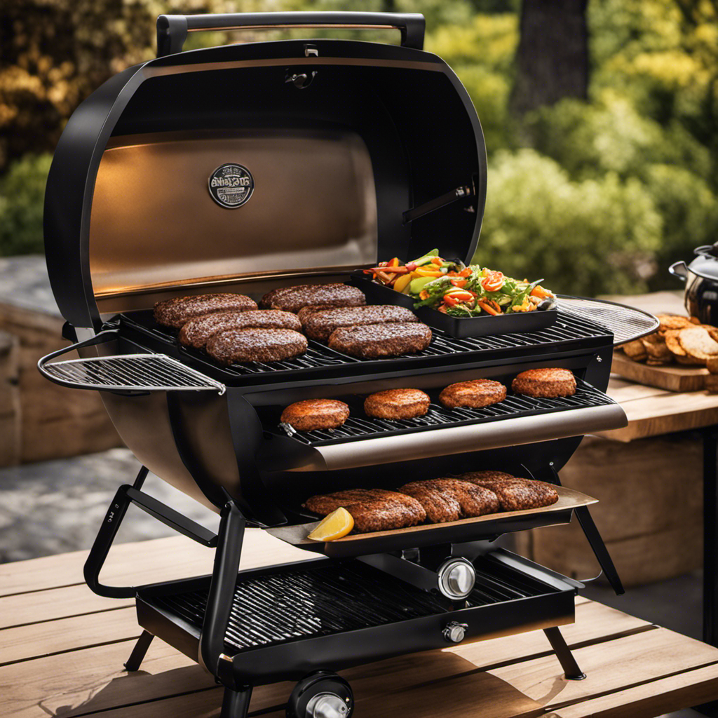 An image showcasing a sizzling wood pellet grill, emitting aromatic smoke, with perfectly cooked burgers