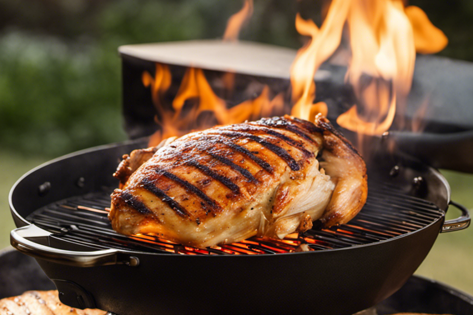 An image showcasing a succulent chicken breast sizzling on a wood pellet grill