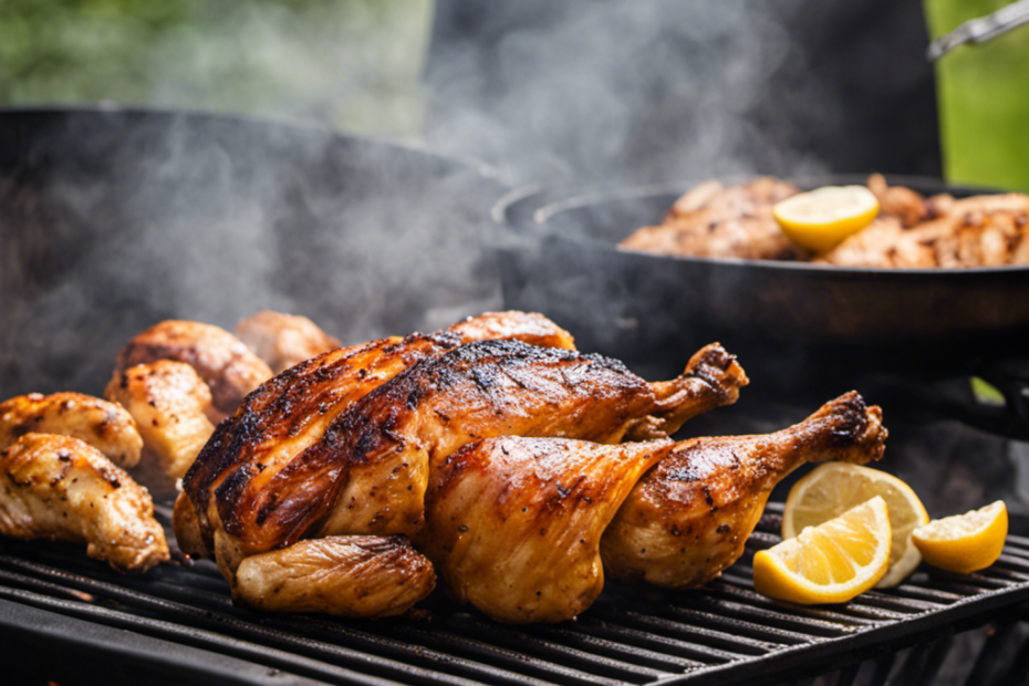 An image showcasing a perfectly grilled chicken on a wood pellet grill, with golden brown and charred skin, juicy and tender meat, and distinct grill marks