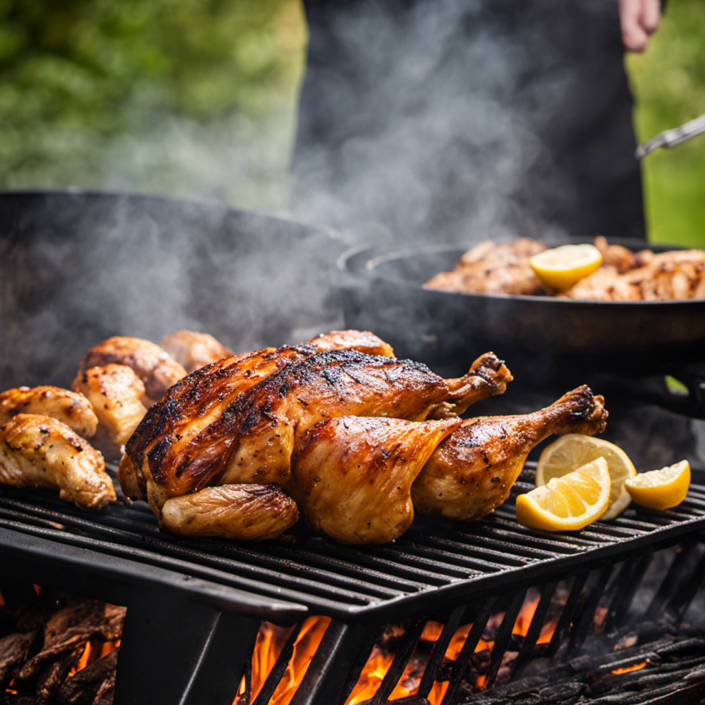 An image showcasing a perfectly grilled chicken on a wood pellet grill, with golden brown and charred skin, juicy and tender meat, and distinct grill marks