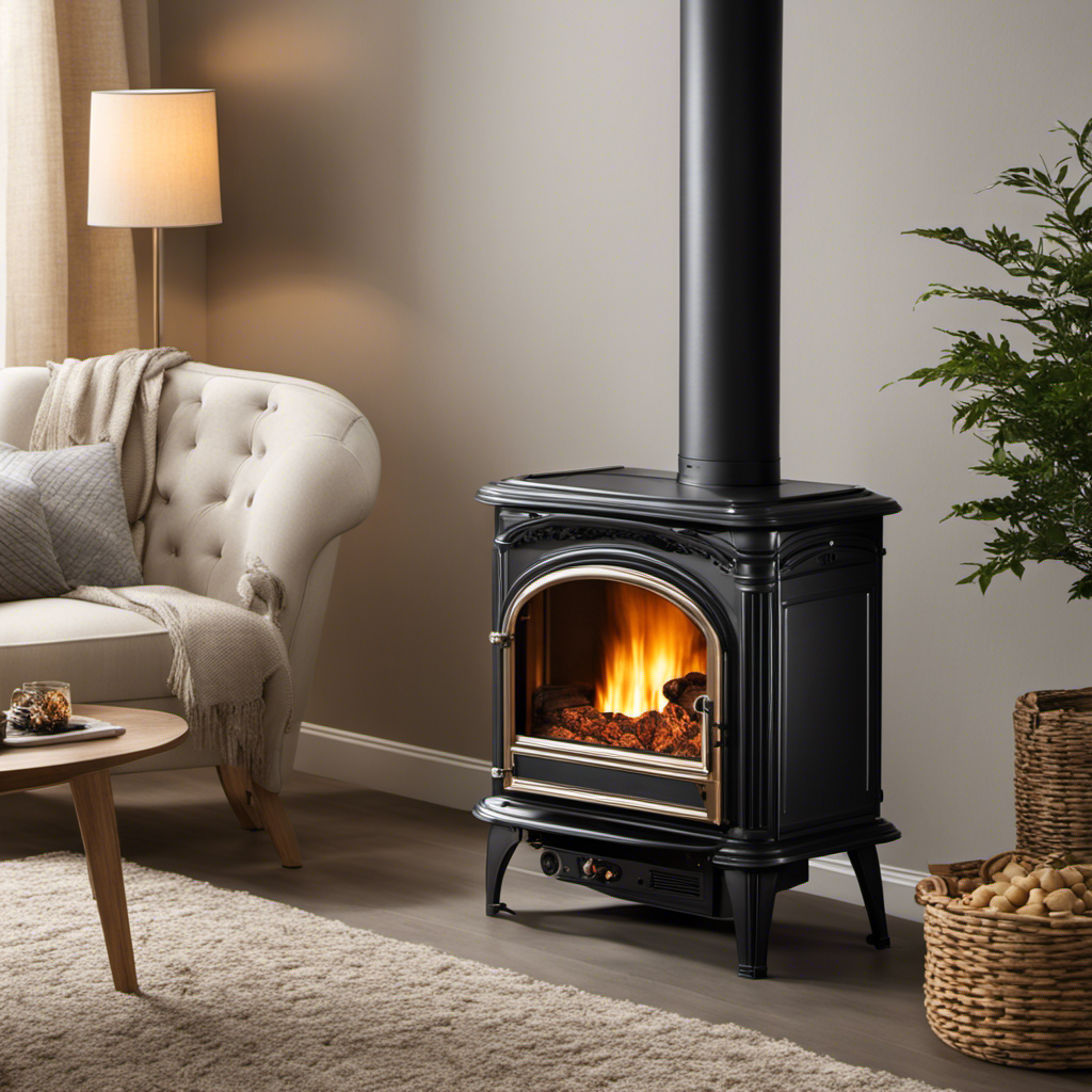An image showcasing a cozy living room with a wood pellet stove emitting a gentle, comforting warmth